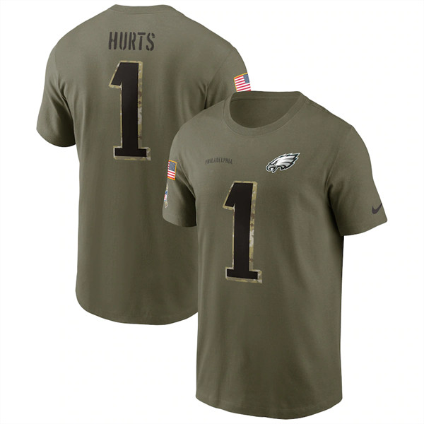 Men's Philadelphia Eagles #1 Jalen Hurts 2022 Olive Salute to Service T-Shirt - Click Image to Close